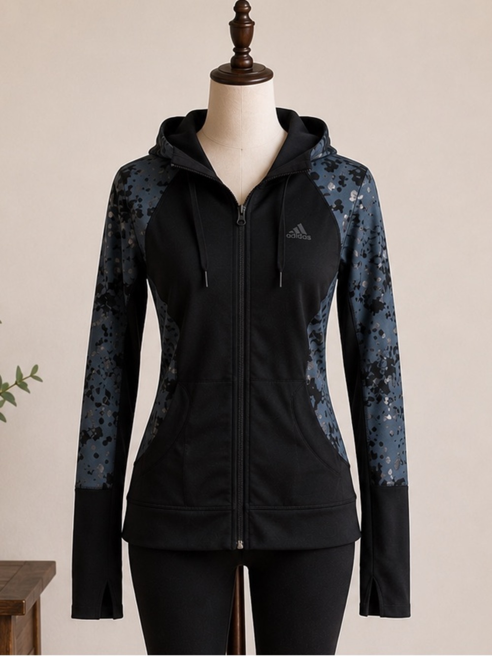Adidas Black Blue Floral Full Zip Hoodie Small Retro Athleisure Running Jacket
